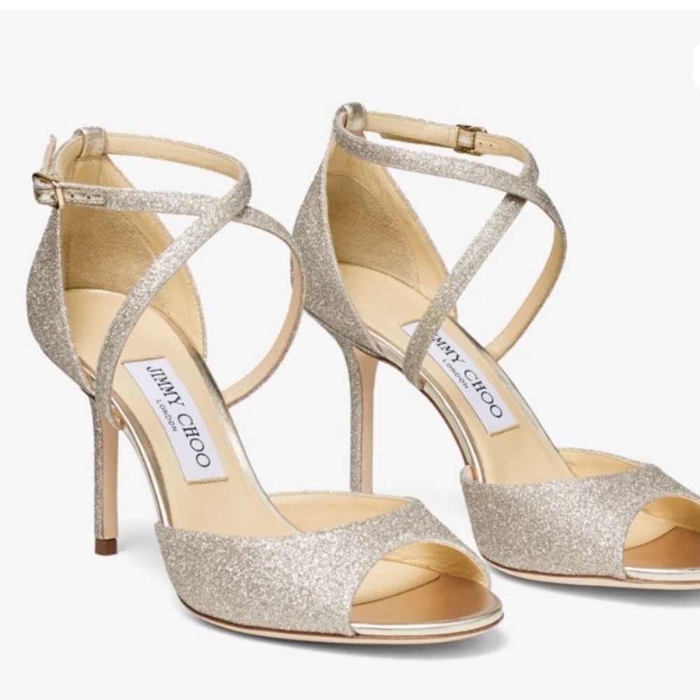 Jimmy Choo Glitter Open-Toe High Heel Sandals in Platinum Ice Esme 85